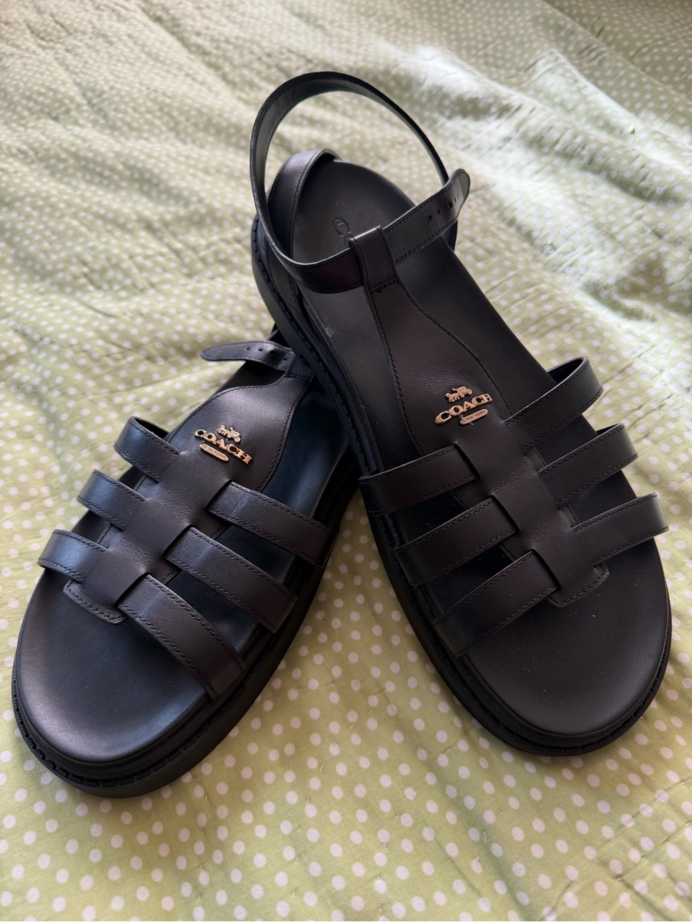 COACH Black Leather Strappy Slingback Sandals with Gold Logo